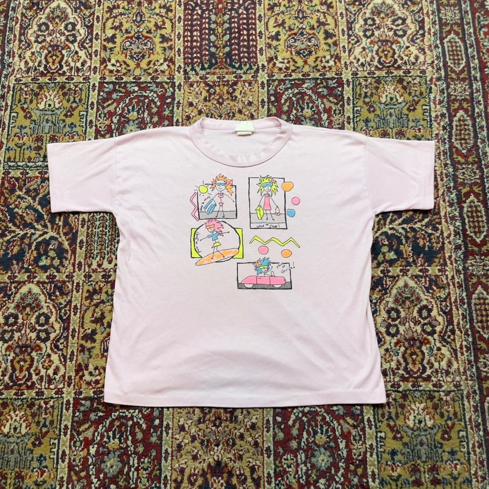 VTG 80s Club Teen Graphic T Shirt‎ Pink Cartoon Fun Vibes XS-S USA surf tan shop